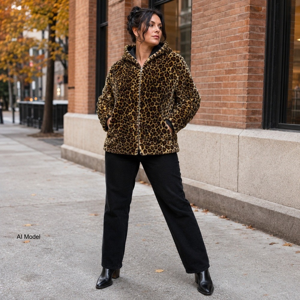 Vintage Y2K Reversible Leopard Fux Fur Black Denim Jacket Hooded Large